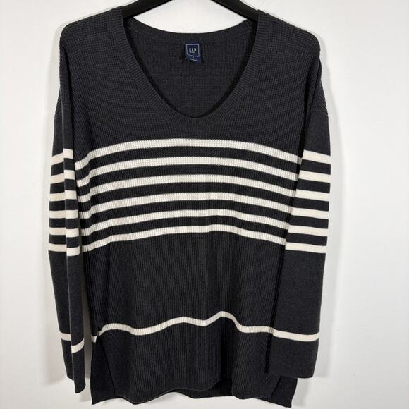 Gap Cozy Wool Blend Waffle Black White Striped V Neck Tunic Sweater Top Medium - Picture 9 of 9